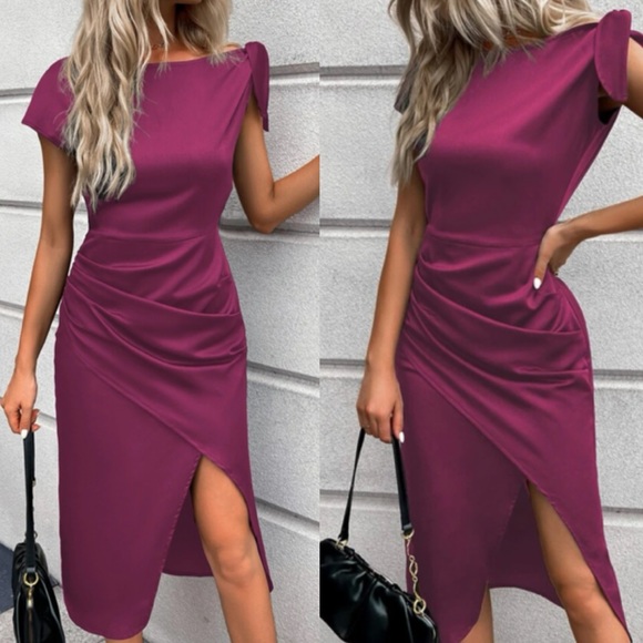Dresses & Skirts - Luxe asymmetrical hem tulip sleeve satin midi dress red violet